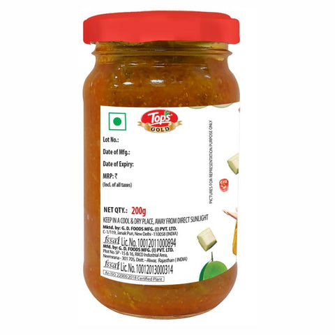 Tops Gold Mango Teekha Pickle - 200g Glass Bottle