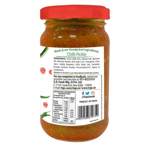 Tops Pickle Green Chilli - 200g. Glass Bottle