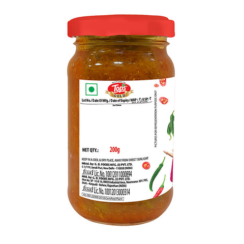 TOPS Gold Chilli Patakha Pickle - 200g  Glass Bottle