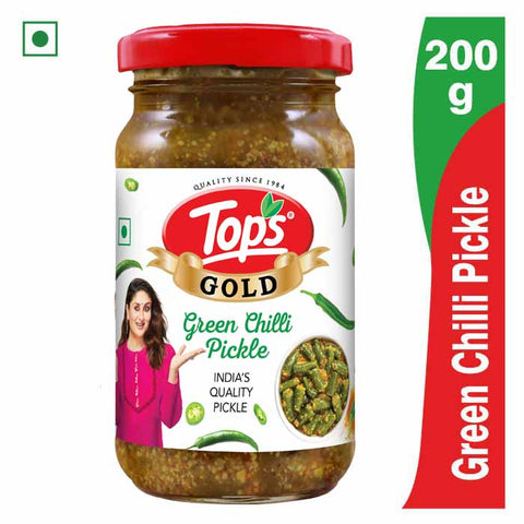 Tops Gold Green Chilli Pickle - 200g  Glass Bottle