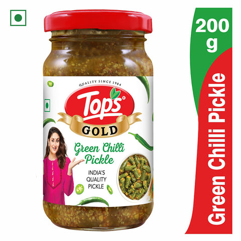 TOPS Gold Green Chilli Pickle - 200g. Glass Bottle