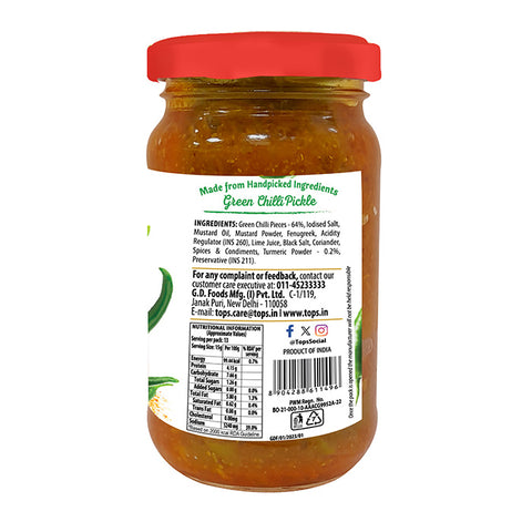 TOPS Gold Green Chilli Pickle - 200g. Glass Bottle