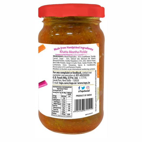 TOPS Gold Khatta Meetha Pickle - 200g. Glass Bottle