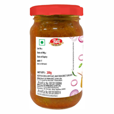 Tops Gold Onion green Chilli Pickle - 200g  Glass Bottle