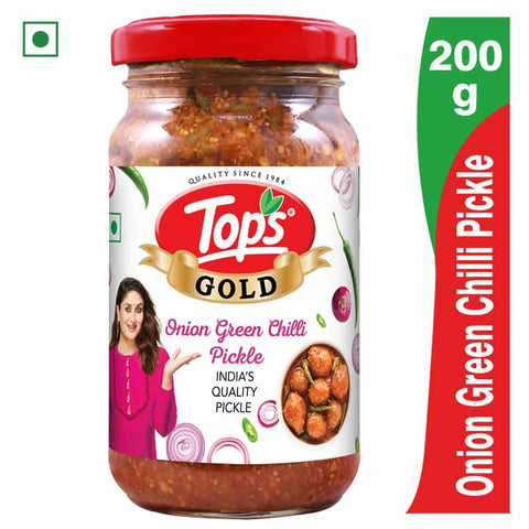 Tops Gold Onion green Chilli Pickle - 200g  Glass Bottle