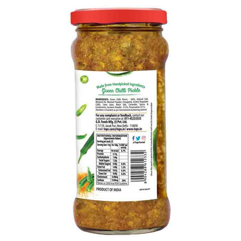 Tops Pickle Green Chilli - 375g. Glass Bottle