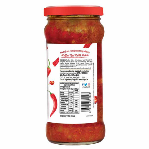 TOPS Gold Stuffed Red Chilli Pickle - 375g. Glass Bottle