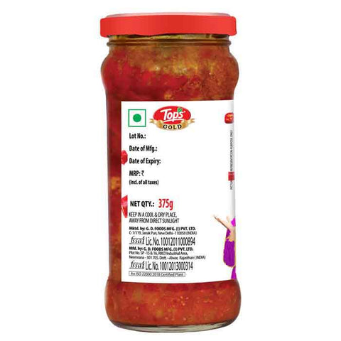 TOPS Gold Stuffed Red Chilli Pickle - 375g. Glass Bottle