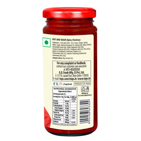 TOPS Schezwan Hot (Spicy Chutney ) - 250g Glass Bottle