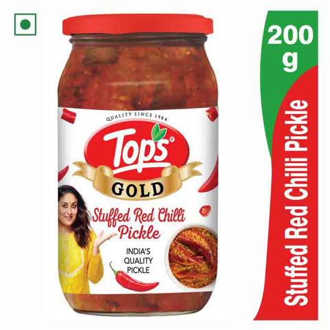 TOPS Gold Stuffed Red Chilli Pickle - 200g. Glass Bottle