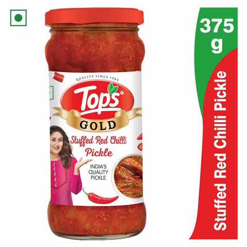 TOPS Gold Stuffed Red Chilli Pickle - 375g. Glass Bottle