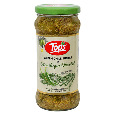 TOPS Green Chilli Pickle in Extra Virgin Olive Oil - 370g. Glass Jar