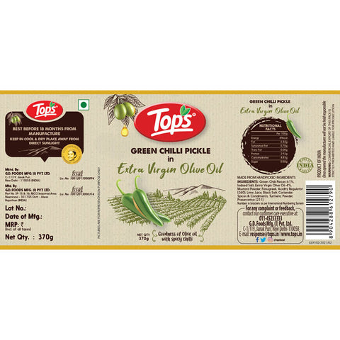 TOPS Green Chilli Pickle in Extra Virgin Olive Oil - 370g. Glass Jar