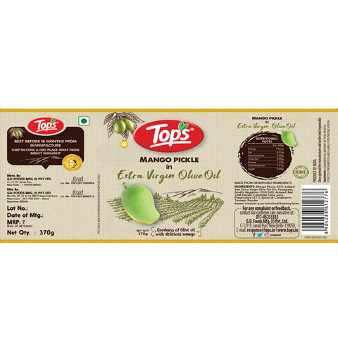 TOPS Mango Pickle in Extra Virgin Olive Oil - 370g. Glass Jar