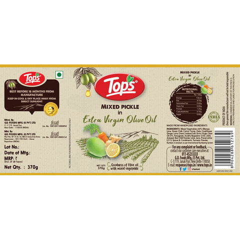 TOPS Mixed Pickle in Extra Virgin Olive Oil - 370g. Glass Jar